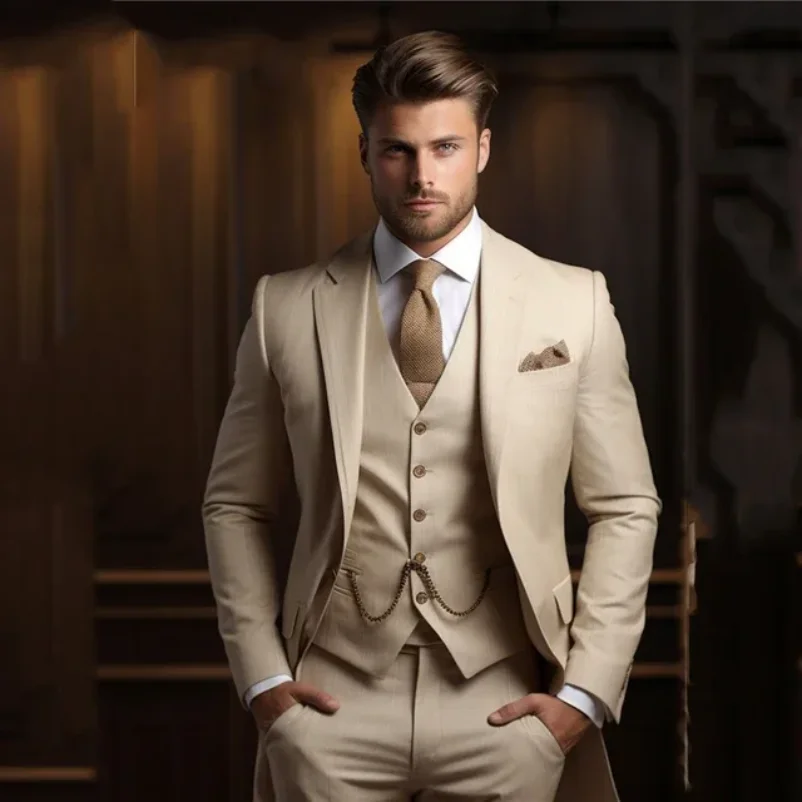 3 Piece Fashion Beige Suits Men Formal Party Business Blazer Shawl Lapel Wedding Groom Tuxedo Jacket Vest Pants Costume Homme