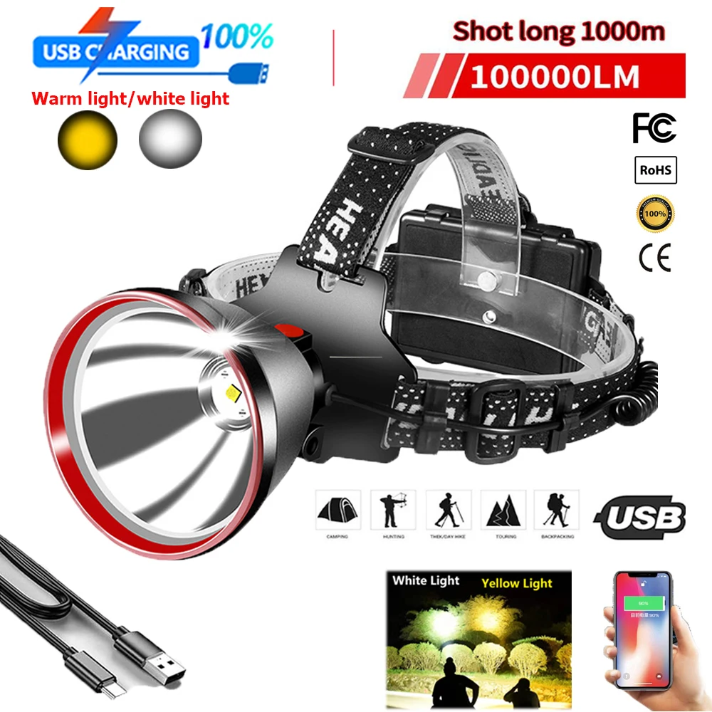 NEW 1000m Long Range Super Powerful Led Headlamp 18650 Headlight USB Rechargeable Outdoor Fishing Head Flashlight Camp Lamp