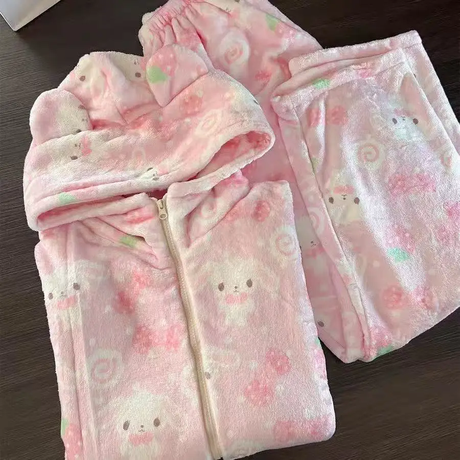 

Женский плюшевый пижамный комплект Cinnamoroll из 2 предметов с кавайным принтом, топ и брюки на молнии с капюшоном, мягкая флисовая домашняя одежда для сна ​