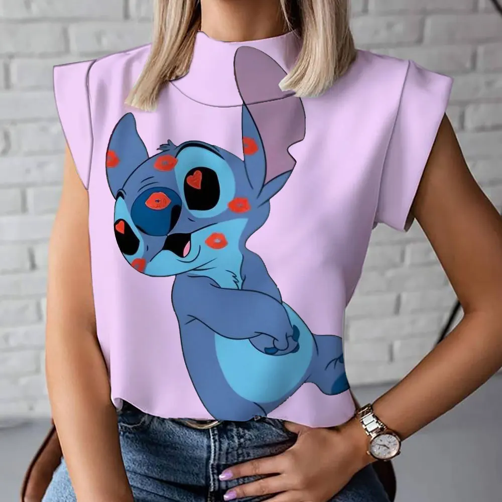 Sommer Damen T-Shirt modische und bequeme lässige kurz ärmel ige Stern und Stich Cartoon weibliche High-Neck-T-Shirt