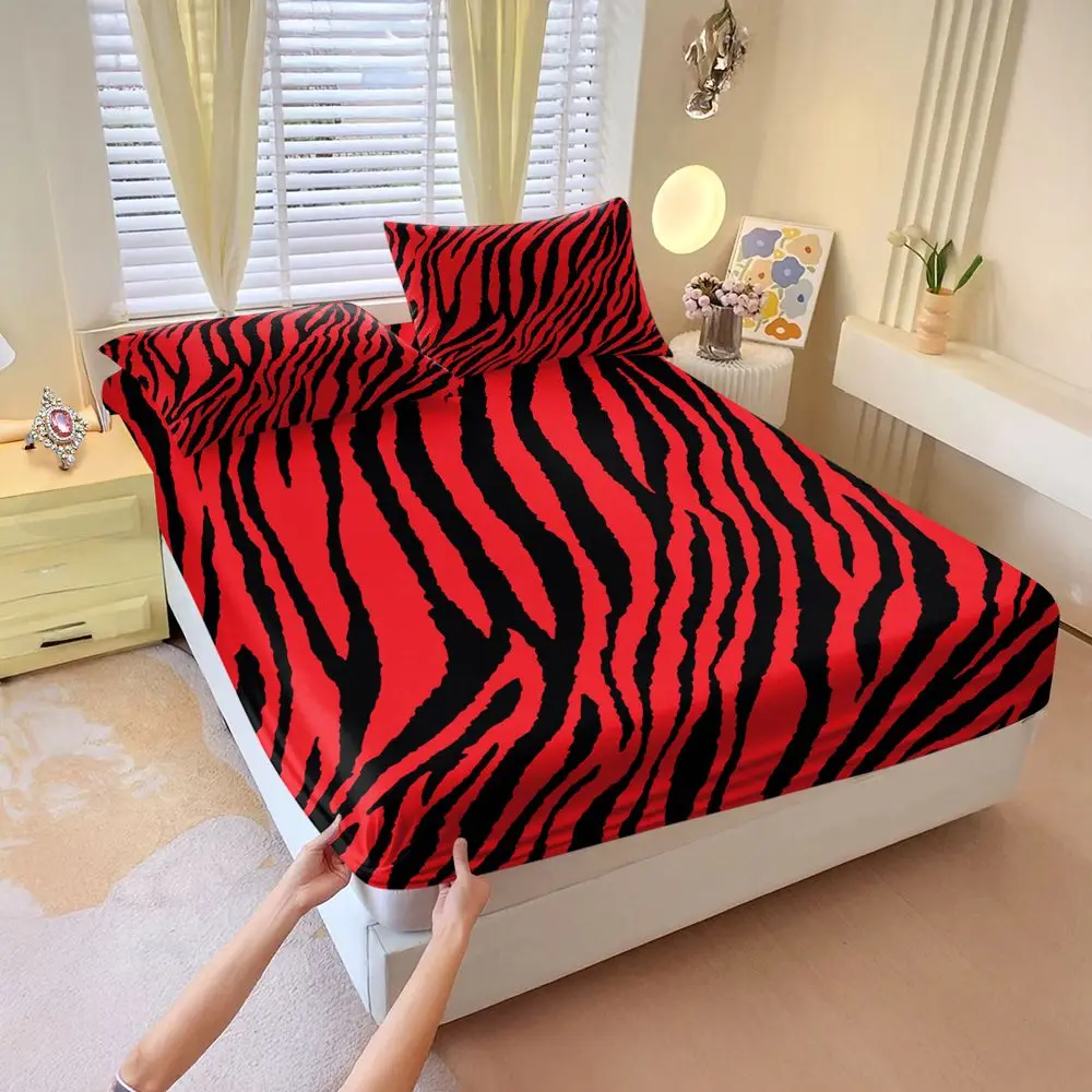 Juego de Sábanas Ajustables con Estampado de Rayas de Tigre Rojo y Negro, Juego de Ropa de Cama con Estampado Digital, Tela Elástica Suave para Decoración del Hogar y Dormitorio