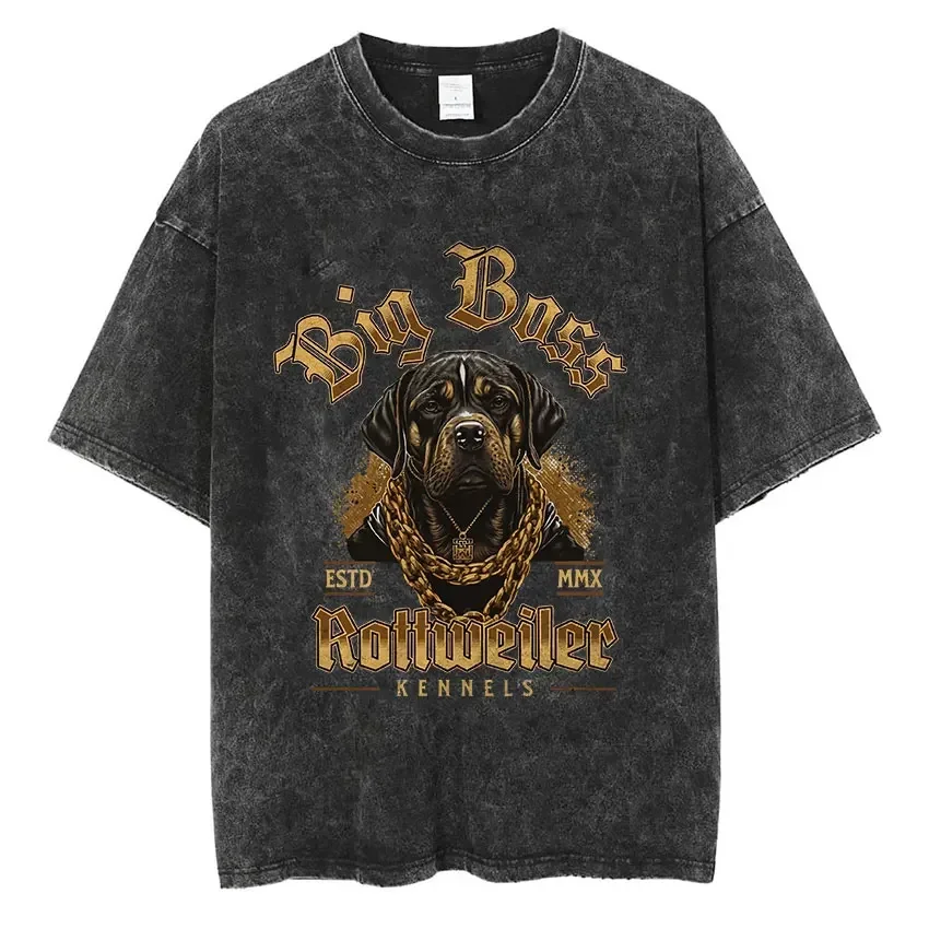 Rottweiler Doberman Vintage Washed T Shirt Men\'s Hip Hop Trend Short Sleeve T-Shirt Men Fashion Oversized T-Shirts Streetwear