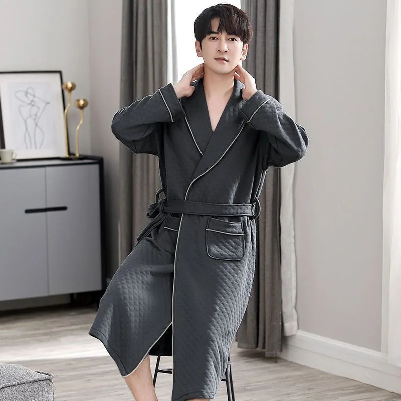 2024 New Men's Pajamas Autumn Winter Thickened Air Cotton Sandwich Bathrobe Spring Pure Cotton Thin Sandwich Integrated Homewear