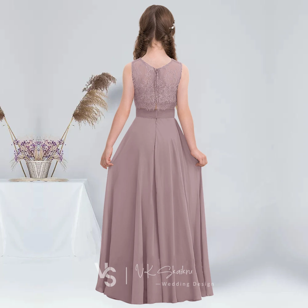 Linha a scoop floor-length chiffon renda júnior vestidos de dama de honra sem mangas 2 pçs vestido da menina de flor de verão vestido de dama de honra da menina