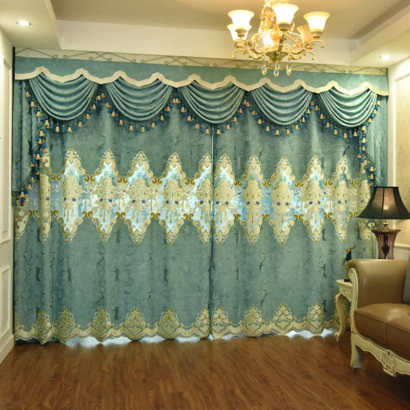 European Water Wave Texture Curtains for Living Room Hollowed Mint Green Curtains for Bedroom Affordable Luxury Window Curtains