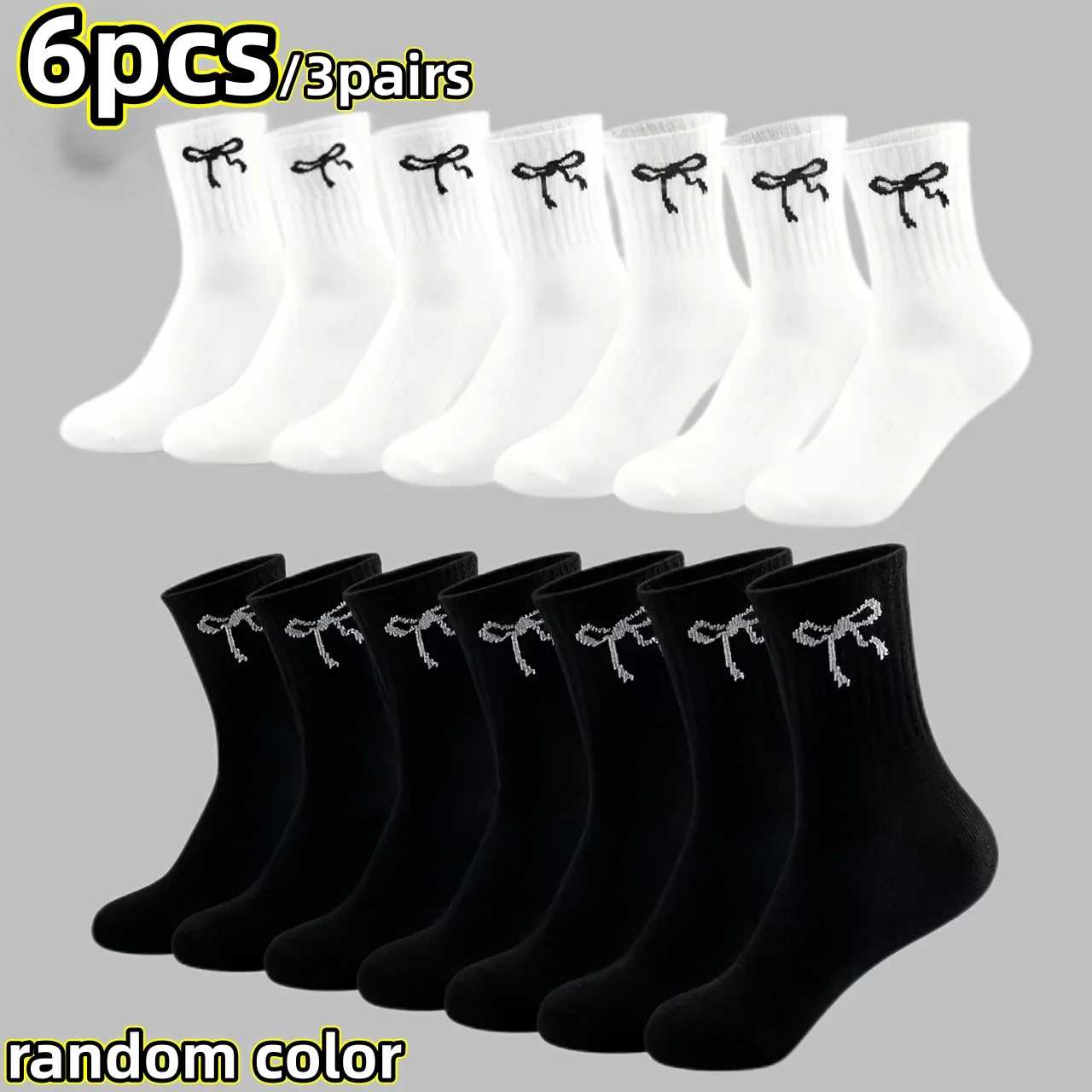 6 Paar atmungsaktive Damensocken mit Schleifenmuster, elegantes Schleifenmuster-Design, Stoff mit Schleifenmuster - weich und hautfreundlich