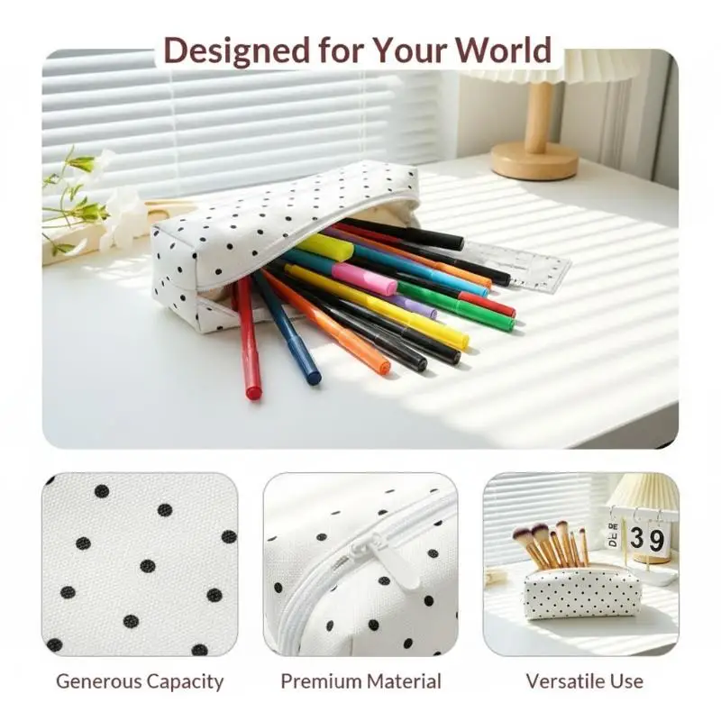 Lightweight Polka Dot Pencil Case Large Capacity Soft Touch Pen Pouch for Office Workers School Students