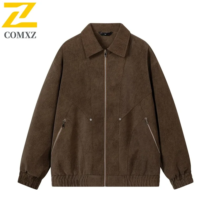 

COMXZ 2025 American Vintage Workwear Jacket Men Women Notch Lapel Biker PU Leather Coat Loose Fit Streetwear Trendy Versatile