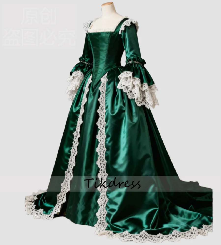 Historisches smaragdgrünes Marie-Antoinette-Abendkleid 2026 mit Pagodenärmeln, Renaissance-Kostüm, ästhetisches Ballkleid, Tudor, formell