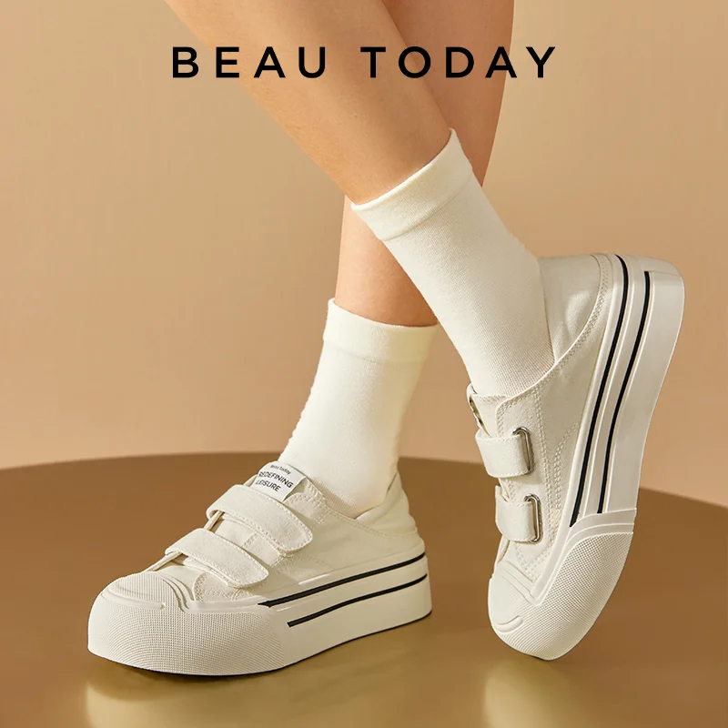 BEAUTODAY Casual Platform Sneakers Women Canvas Solid Round Toe Hook and Loop Versatile Ladies Barefoot Shoes Handmade 29260