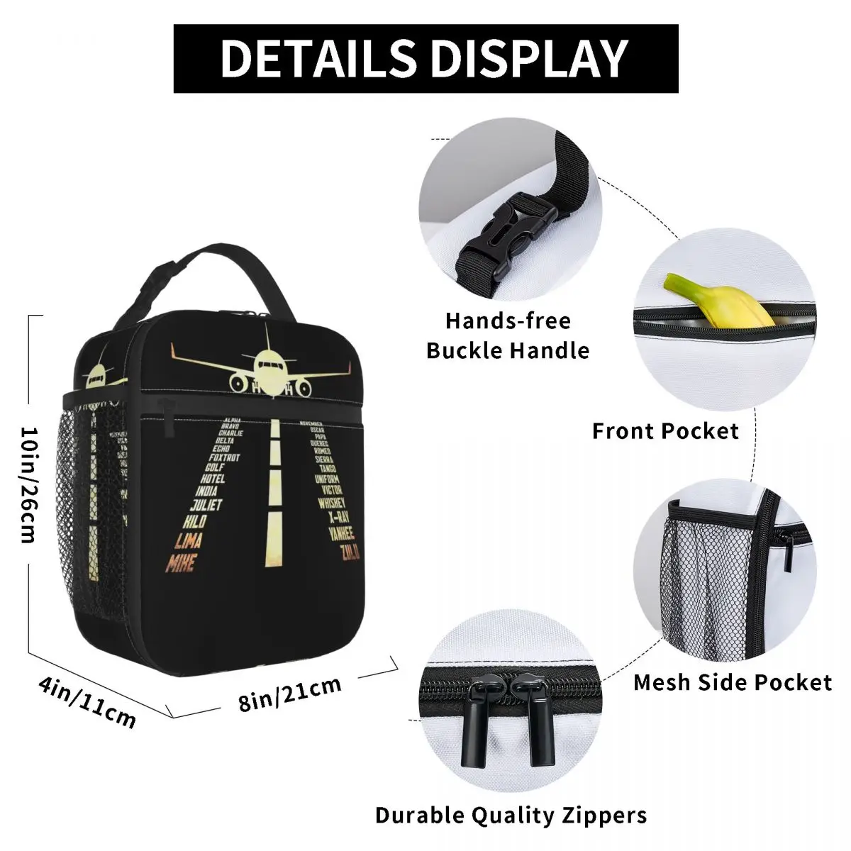 Airplane Airstrip Phonetic Alphabet Insulated Lunch Bag Office Cooler Thermal Food Box Tote Leakproof Lunch Boxes Container