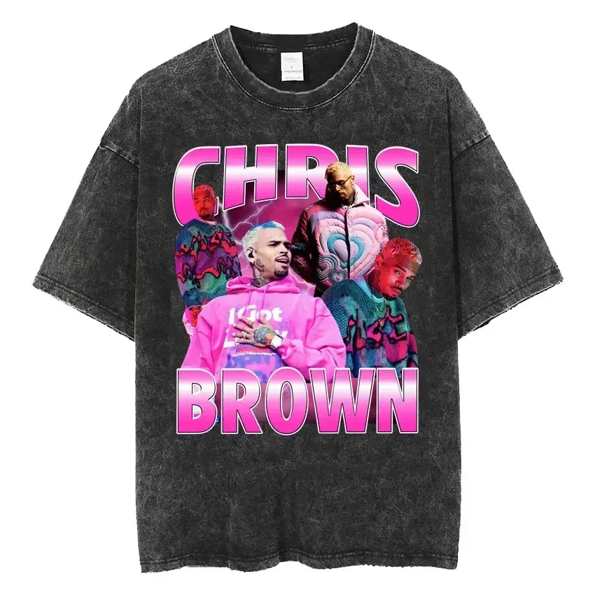 Rapper Chris Brown Homage 90s Hip Hop T Shirts Men Fashion Oversized Short Sleeve T-shirt Unisex Harajuku Vintage Washed T Shirt