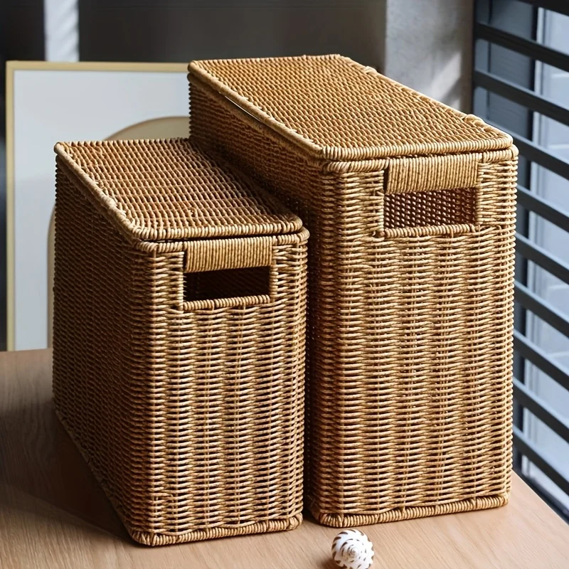 1 قطعة صندوق تخزين ضيق طويل القامة مغطى من الروطان المنسوج على الطراز الشمالي ، مادة البولي ايثيلين ، سلة مجلة موفرة للمساحة للزوايا ، حواف الأريكة