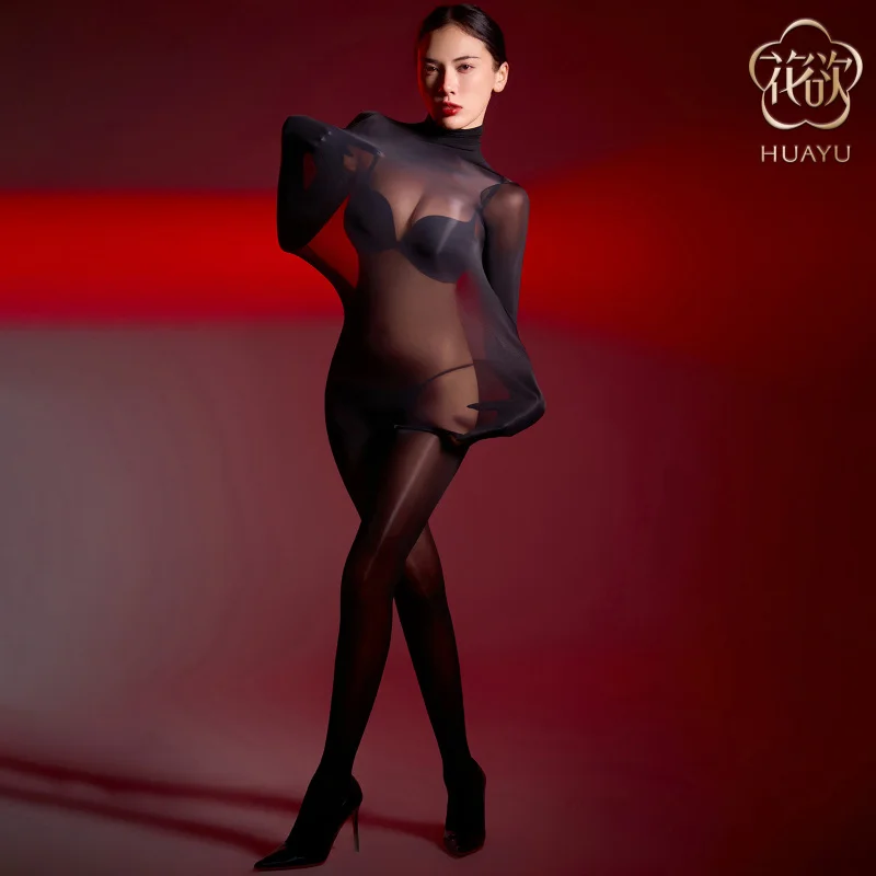 Pończochy Ultra-Thin5DHigh Collar Shiny Seamless Jumpsuit Hollow Sexy Large Slip Back Open Crotch Transparent Silky Full-Length