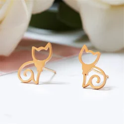 Stainless Steel Cute Cat Stud Earrings For Women Girls Gold Color Minimalism Fashion Ear Jewelry Birthday Party Gifts Wholesale