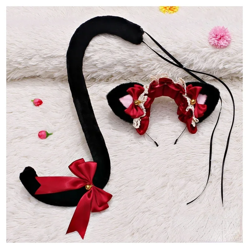 Diadema de encaje japonés para el cabello, lazo, orejas de gato y zorro, campana, cola, disfraz de cosplay de anime para Halloween y Navidad
