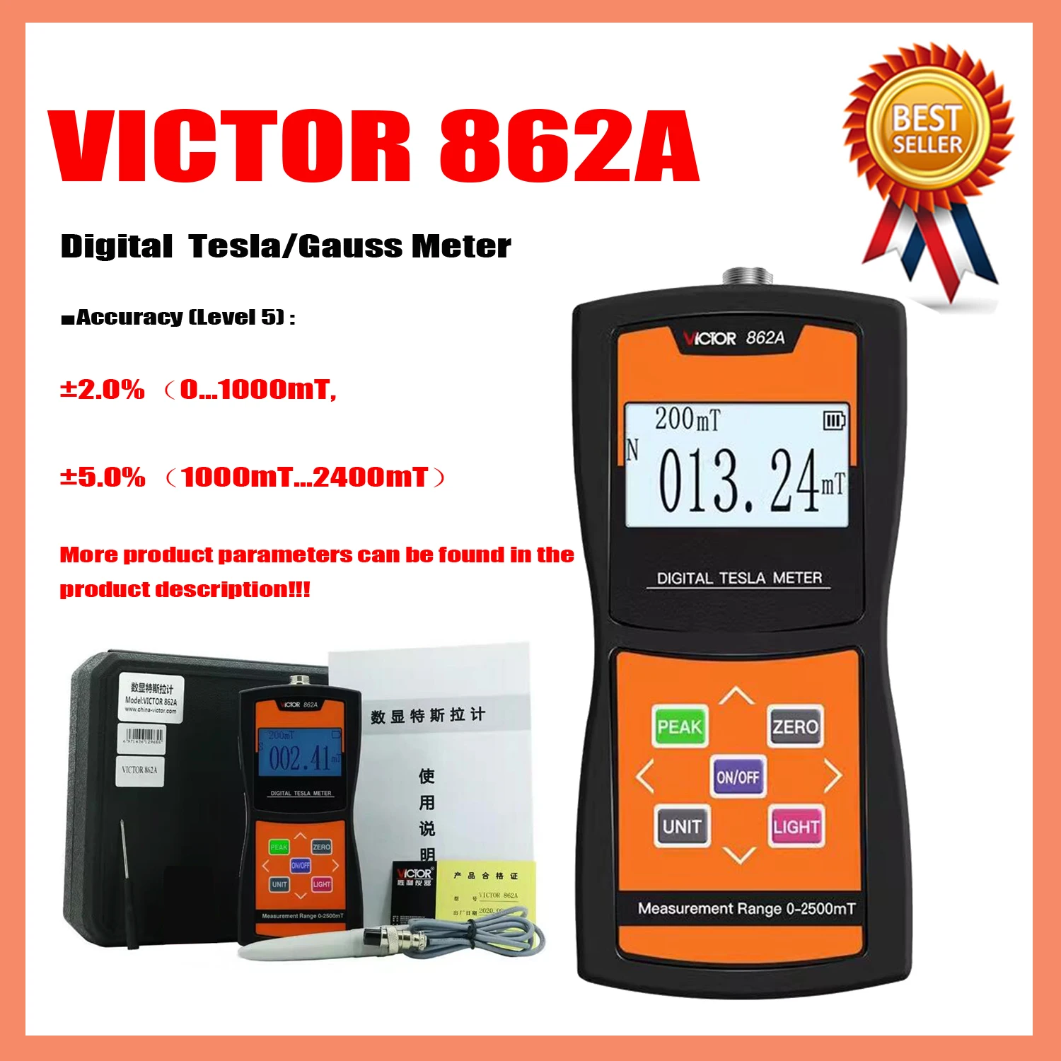 

VICTOR 862A 862B 862C Tesla/Gauss Meter High Sensitivity Auto Digital Tesla Meter MT Gs Magnetic Field Measuring Instrument.