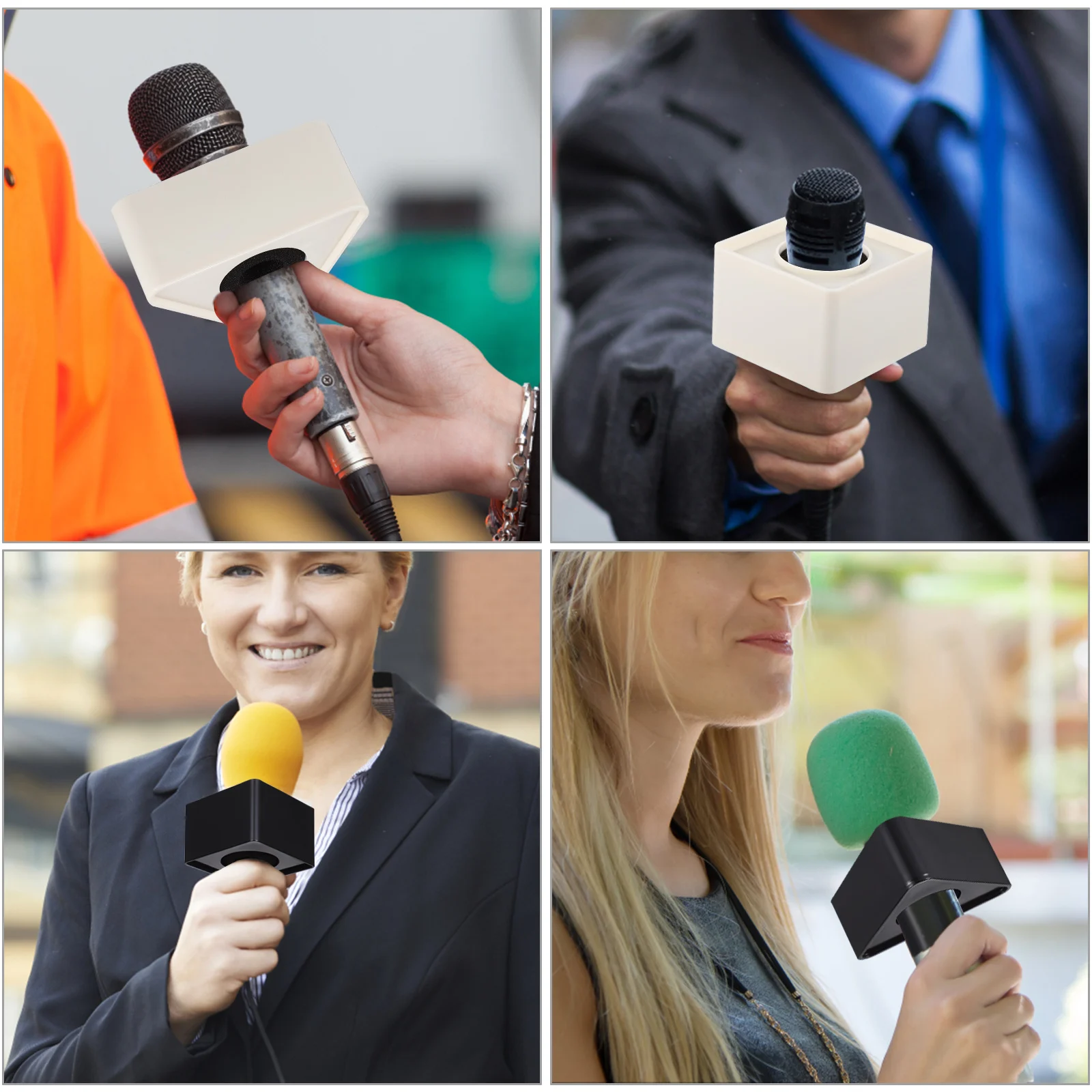 

Logo Mic Interview Flag Station Cube Shaped Mark Microphone Handheld Props Stand