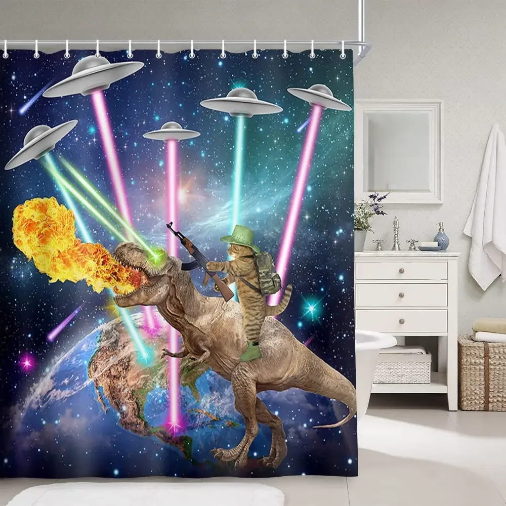 Cortina de ducha divertida de galaxia de fantasía del universo azul, tela cósmica, decoración para bañera, gato fresco, montar, dinosaurio, tiburón, océano, mar