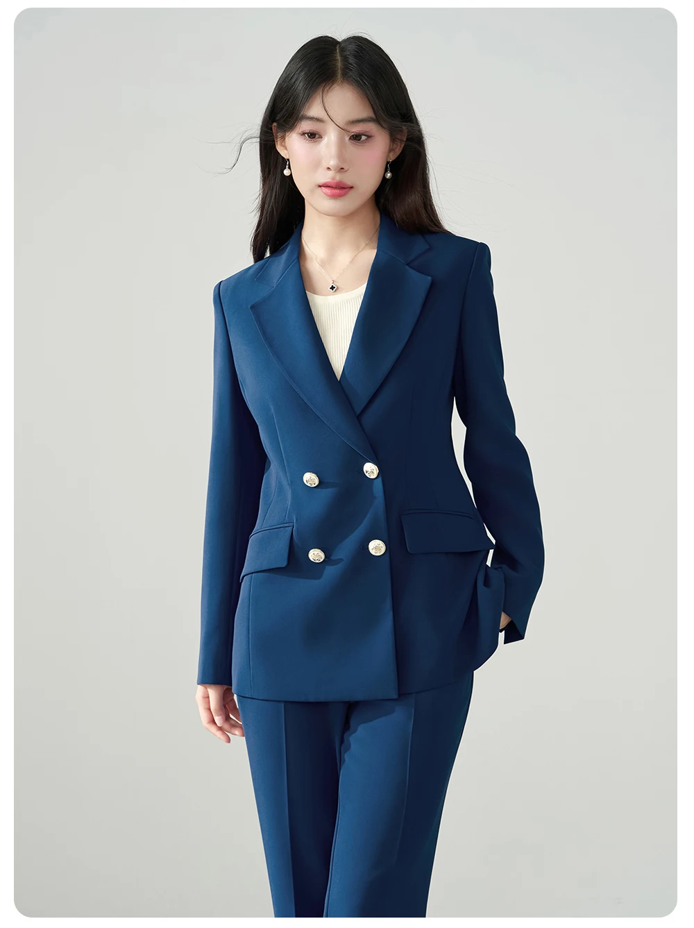 Allingentle Blaues 2-teiliges Set für Damen, zweireihige Jacke, modisches Damen-Hosenanzug-Set für Büro-Outfits, individuell anpassbar