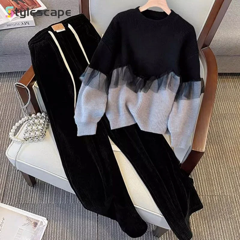 Large Size Women\'s Clothing 2024 Autumn and Winter New Item Slimming Korean Version Fashion Sweater Two-piece Set