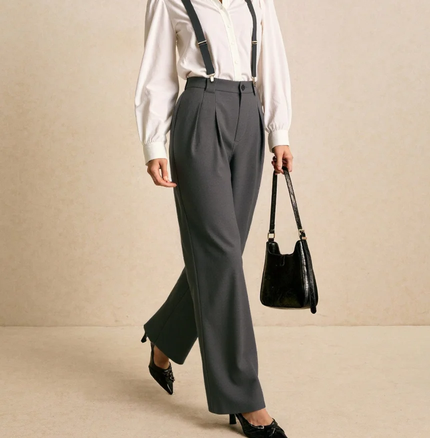 

Artistic Style Two Piece Set White Lapel Long Sleeved Shirt Paired with Gray Overalls for Women