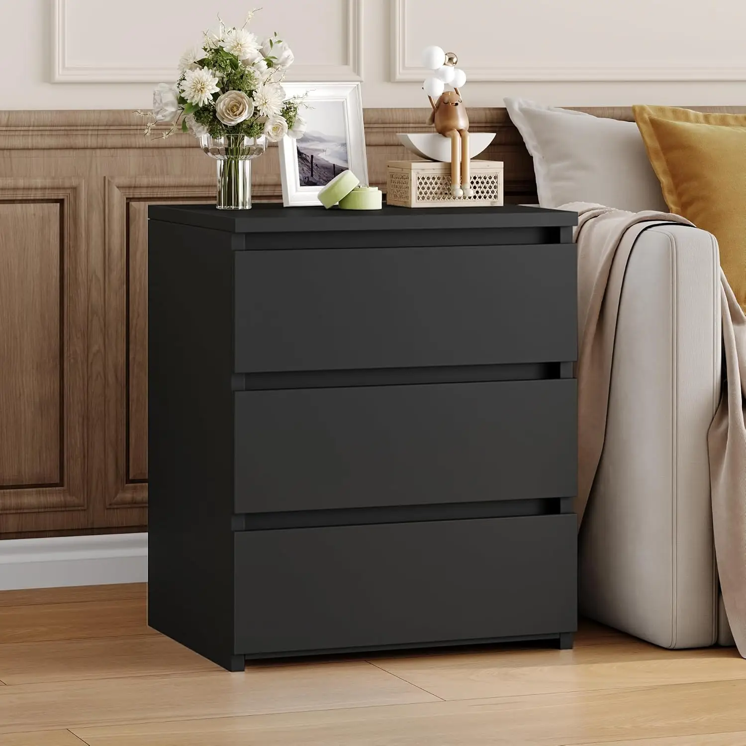 FOTOSOK Mesa de cabeceira preta com 3 gavetas, mesa de cabeceira preta para quarto com alça cortada, mesa lateral do sofá