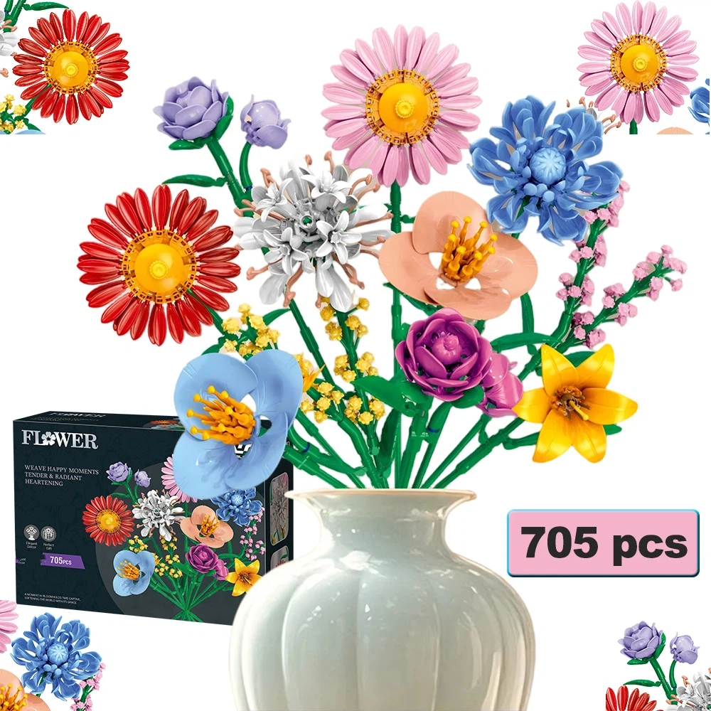 

705PCS MOC Flower Model Building Blocks City Home Desktop Decor Bouquet Plants Assemble Bricks Children Educational Toys Gifts