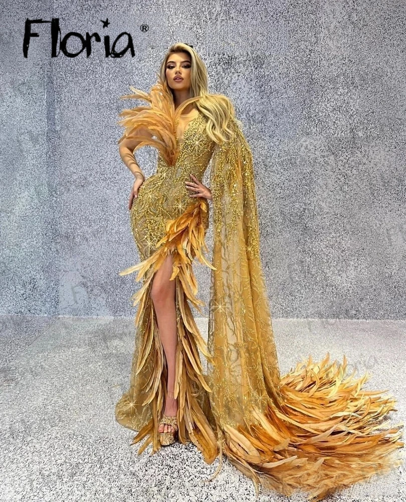 

Luxury Golden Evening Dress Feather Plunging Neck Wedding Prom Party Gowns Women Sexy Side Split Forma Gowns for Black Girls