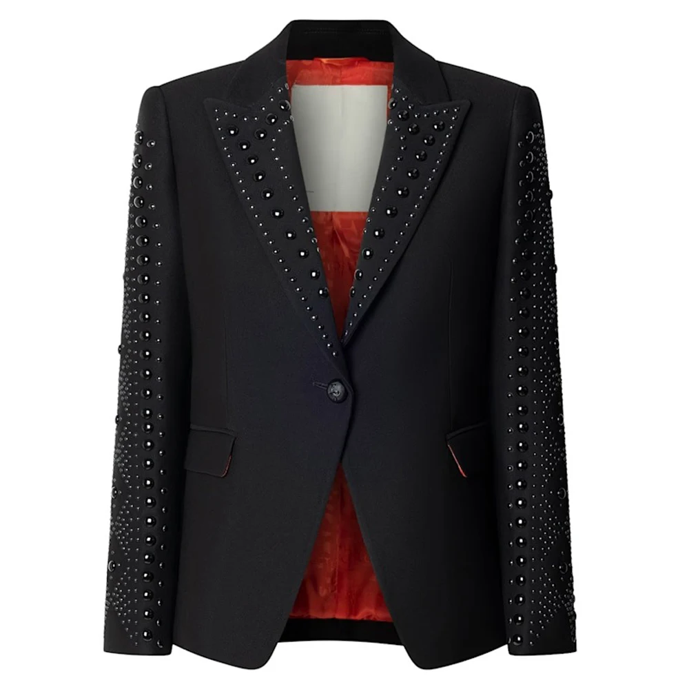 Gaun Wanita Setelan Gaun Elegan Manik-manik Kerah Runcing Jaket Mantel dan Celana untuk Wanita Satin 2 Potong Setelan Kustom W6211
