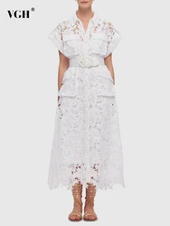 VGH Solid Embroidery Patchwork Belt Elegant Dress Lapel Short Sleeve High Waist Spliced Pockets Hollow Out Dress Female Fashion