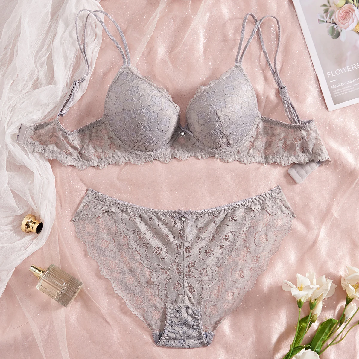 Conjunto de 6 piezas de sujetador y bragas para mujer, conjunto sexy con encaje estampado y patchwork, sin forro, ajuste cómodo, sujetador push-up para mujer, conjunto de ropa interior femenina