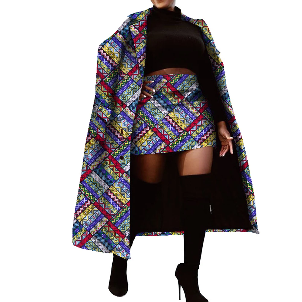 2 Pieces Set African Clothes for Women African Print Tops and Skirts Women Traditional African Long Trench Coat Skirt Set WY001