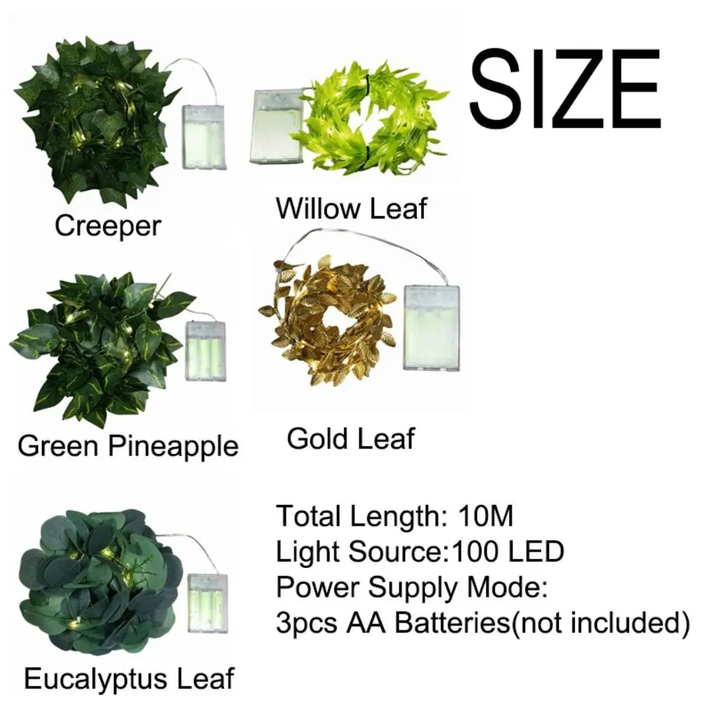 Green Leaf Imitation Leaf String Light 10M/100 LED Waterproof Willow Curtain Lamp Decorative Artificial Green Vine
