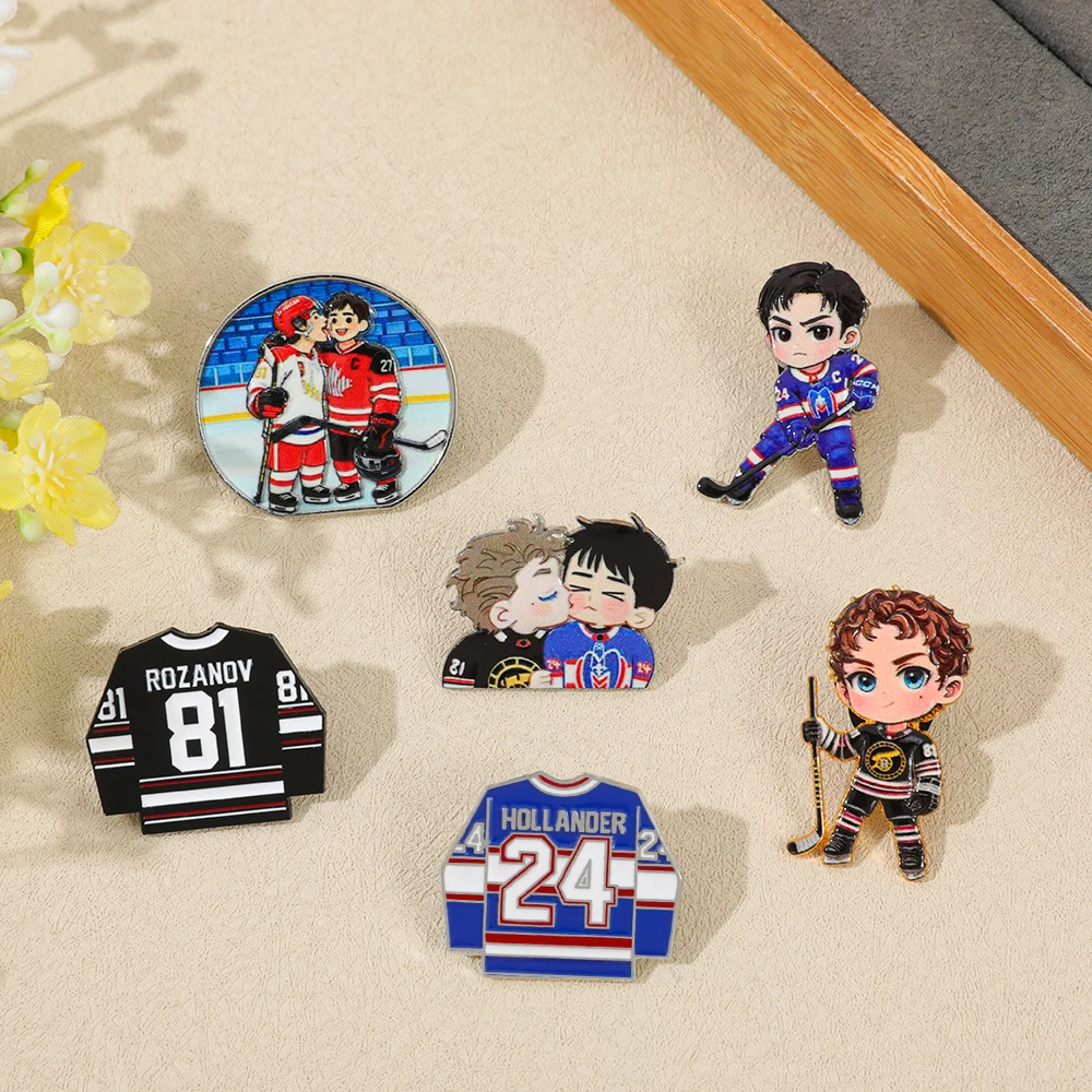 Ice Hockey Sport Theme Enamel Pins Cute Q‑Version Character Jersey Brooches Alloy Badges for Backpack Clothes Decoration Gift