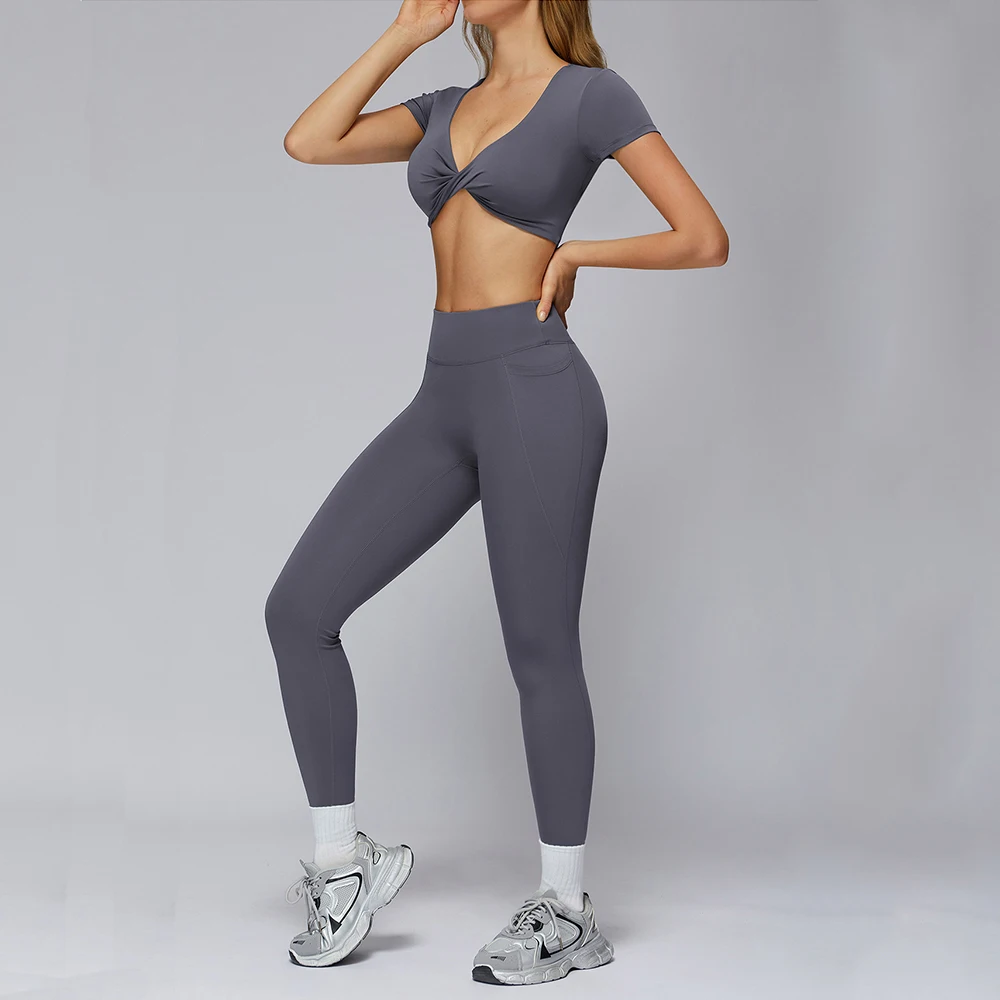 

2PCS Yoga Set Gym Fitness Set Sportswear Women Workout Clothing Female Short Sleeve Crop Top High Waist Leggings Sports Suits