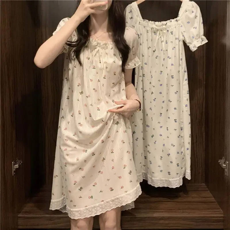 Summer New Short Sleeve Night Dress Casual Women Loose Square Collar Bow Tie Sweet Japan Fashion Printing in The Long Home Wear