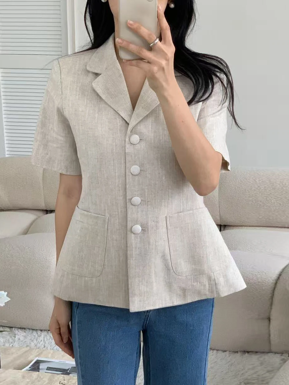 Elegant Korean Style Women's Vintage Suit Jacket Short Sleeve Waist-Cinching Single Button Lapel Lightweight Outerwear