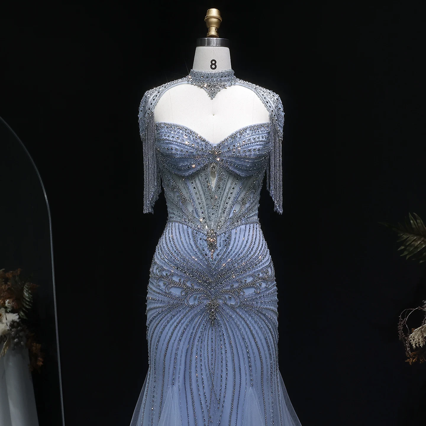 Sharon Said Elegantes Champagner-Meerjungfrauenkleid mit Cape-Ärmeln, Kristallperlen, Blaues Hochzeitskleid, SS021, Maßanfertigung – Detail 23