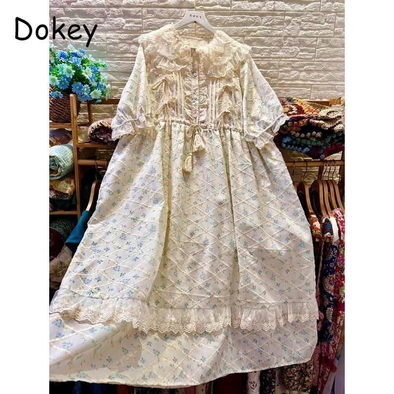 Vintage Flower Lace Ruffled Lolita Cotton Linen Dress Women Mori Girl Style Doll Collar Puff Sleeve A Line Dress Female Vestidos