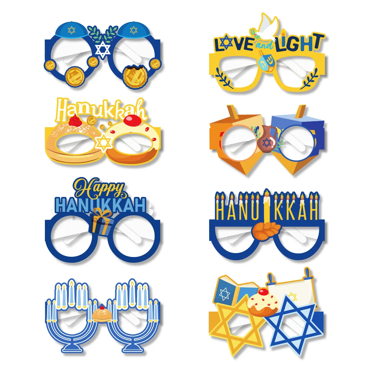 8pcs/set Hanukkah Theme Paper Eyeglasses Chanukah Candle Photo Props Party Supplies for Jewish Happy Hanukkah Decoration