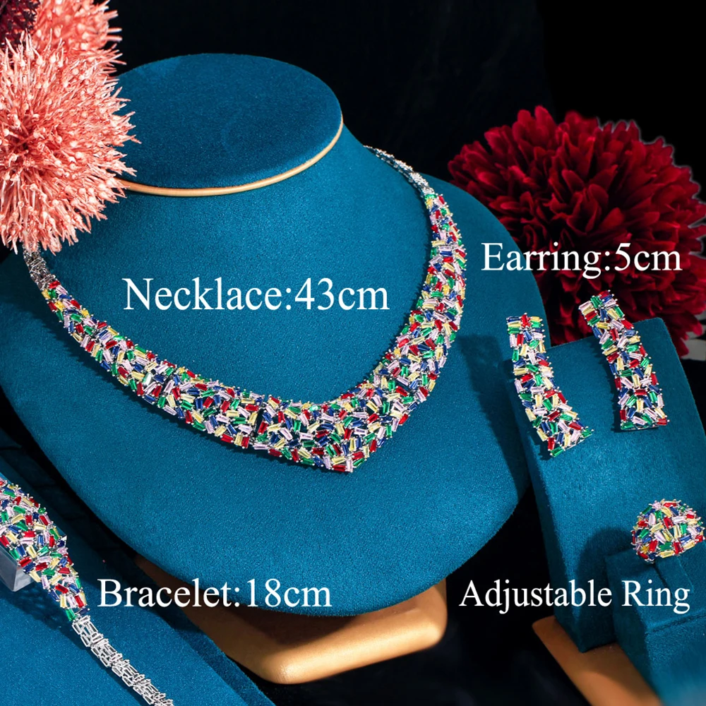 BeaQueen Multi Color Heavy Cubic Zirconia Paved Necklace Earrings Luxury Big Nigerian Wedding 4pcs Jewelry Sets for Women S372