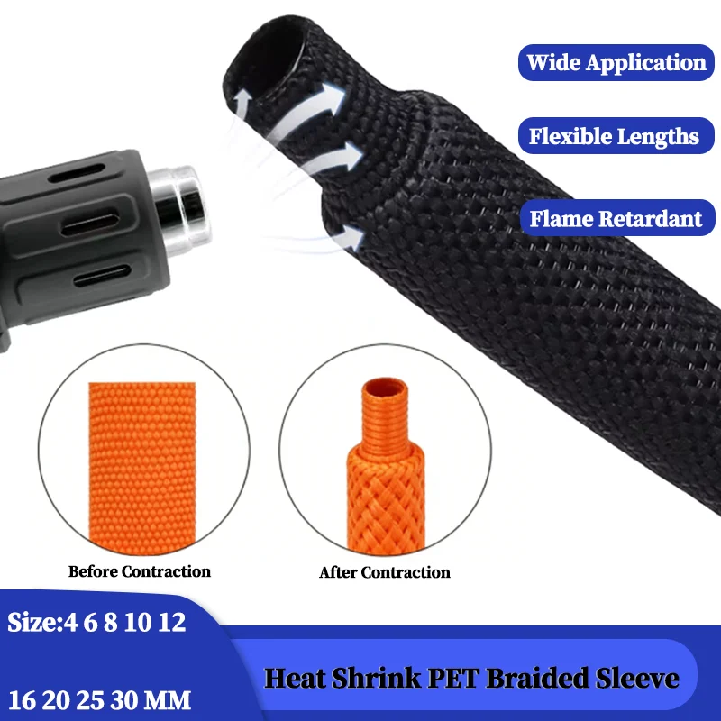 

2~50m New PET Braided Cable Sleeve Heat Shrink Tube Insulation Flam Retardant Shrinkable Protection Wrap Sheath Wire Organizer
