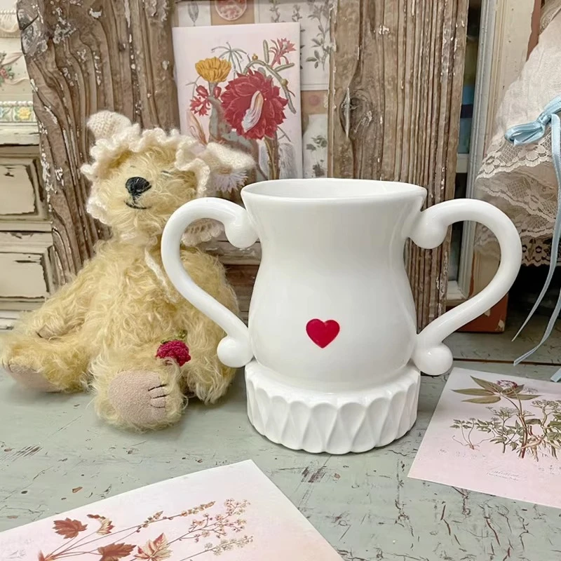 

Керамическая кружка в скандинавском минималистичном стиле с двумя ручками, белая ретро-чашка, для дома и офиса, для кофе и воды, декор для рабочего стола, подарки