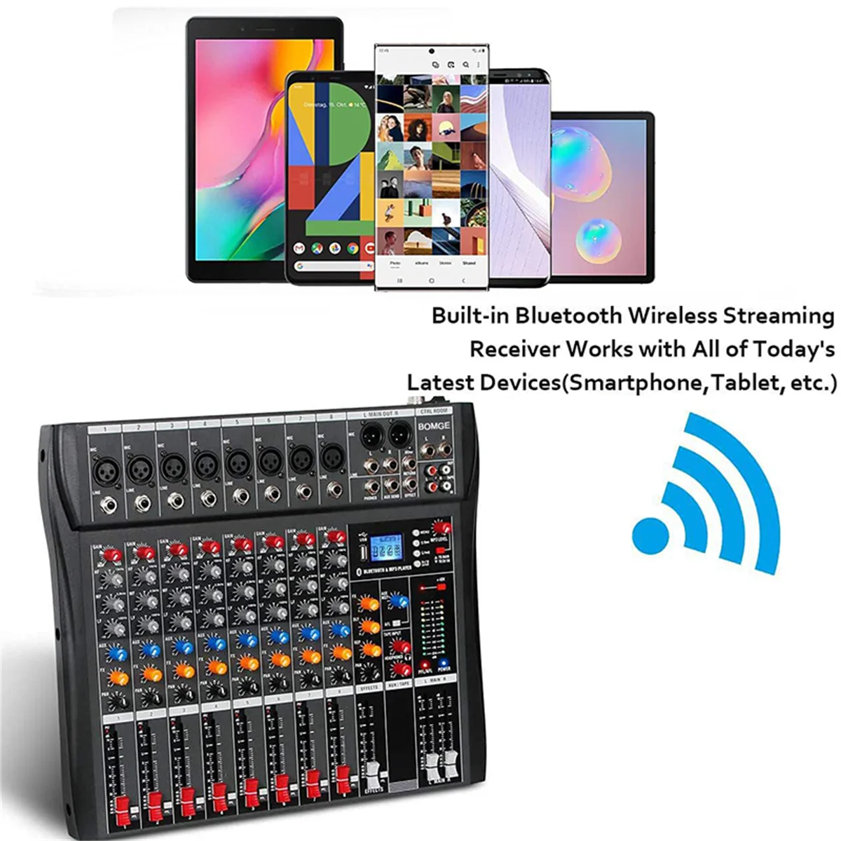 BOMGE 8 Channel Audio Mixer Sound Mixing Console with Bluetooth USB PC Recording Input XLR Microphone Jack 48V Power RCA Input