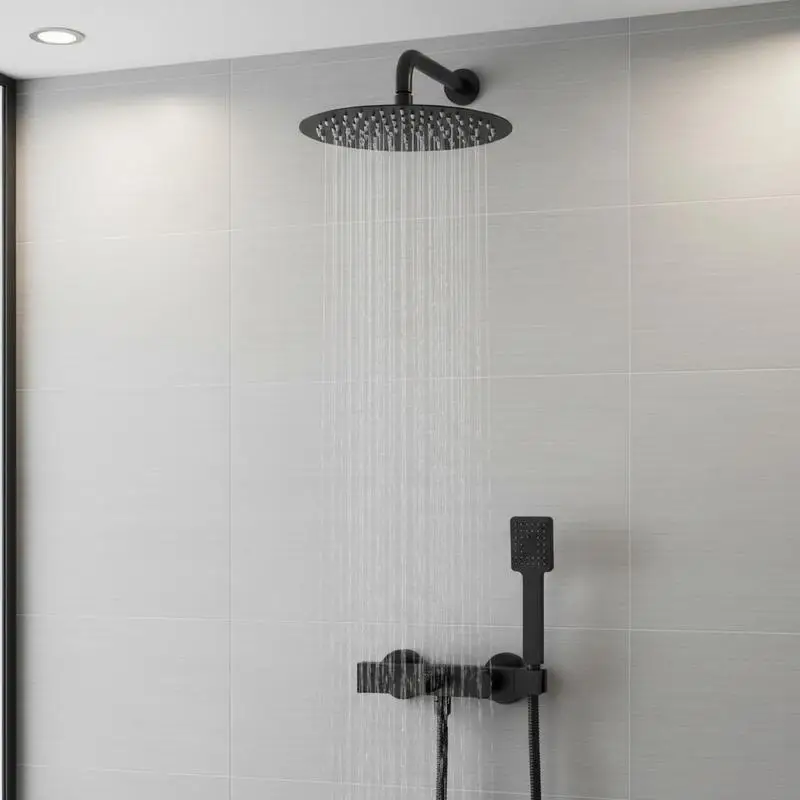 Pommeau de douche fixe rond en acier inoxydable noir de 25 cm