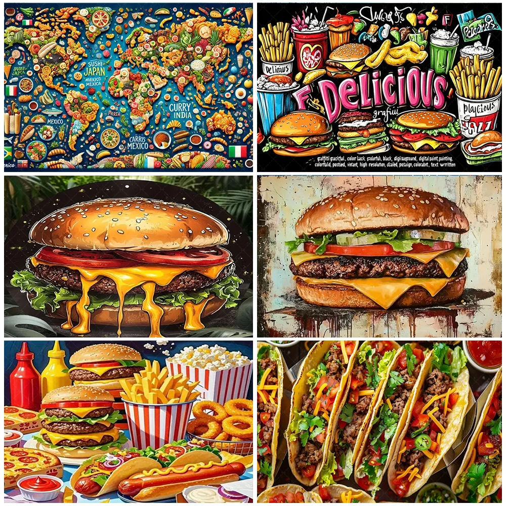 

Pizza Hamburger Taco Fast Food Backdrop Restaurant Hanging Cloth Delicious Food Party Decorations Yummy French Fries Beverages