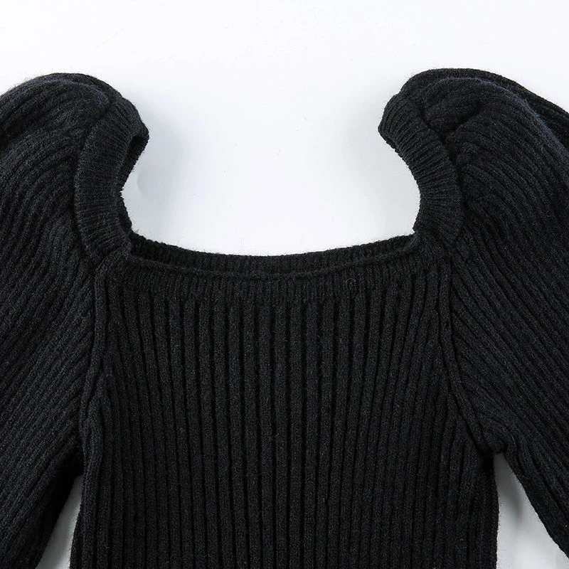 Lucyever Sexy Low-Cut Square Collar Sweater Woman Vintage Puff Sleeve Slim Fit Knitted Jumper Autumn Winter Elastic Knitwear