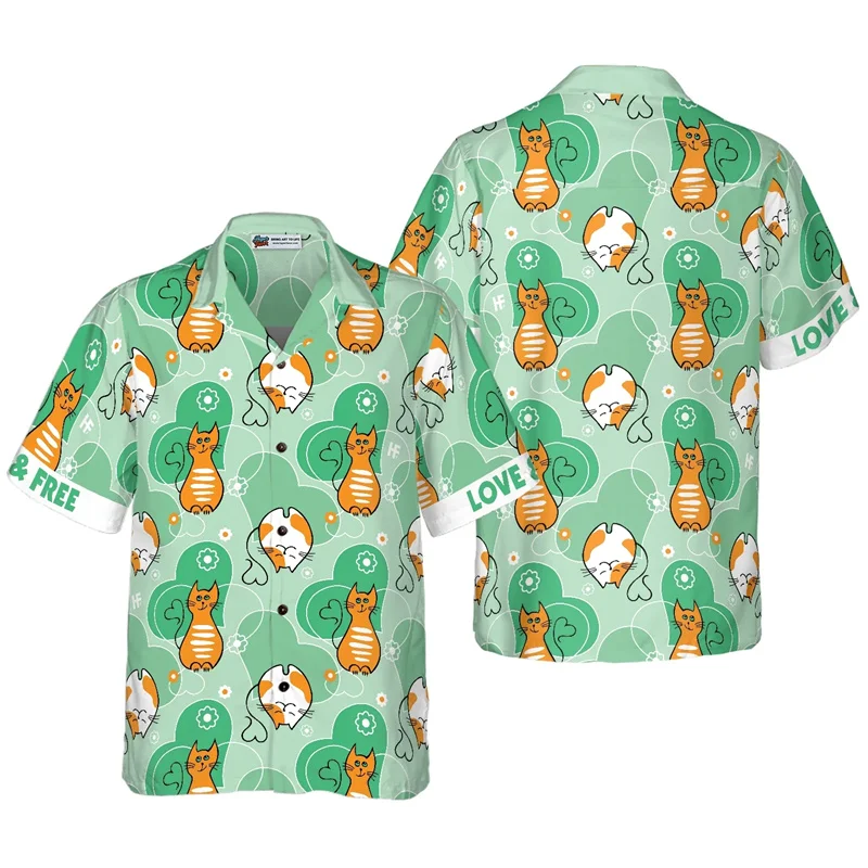 Cute Cat Hawaiian Shirt Unisex Clothes 3D Printed Tropical Plants Beach Shirt Vacation Short Sleeve Shirts Cartoon Kid Tops