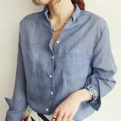 Dames Herfst Korea Effen Katoenen En Linnen Blouse Vintage Effen Dun Los Shirt 2024 Casual Koreaanse Tops Met Lange Mouwen